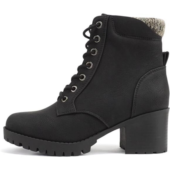 Women Black Winter Lug Sole Chunky Heel Combat Ankle Boot Lace up w/Side Zipper - Picture 1 of 4